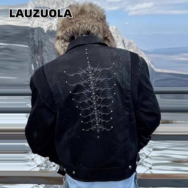 Embroidery Knit - Herren Schwarze Jacke mit Schlangenprägung, Rückenstickerei
