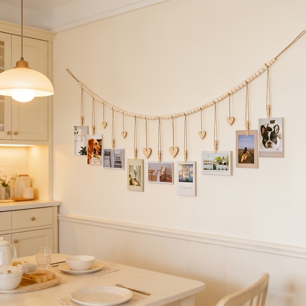 Frame Display Wood - Hängende Foto-Display-Wanddekoration - Rustikale Boho Holzperlen-Girlande