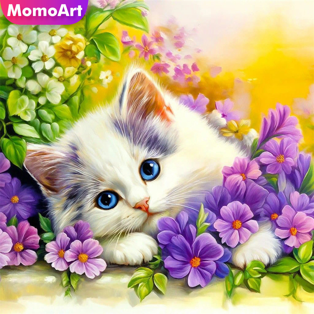 Embroidery Unique Design - Momoart Kreuzstich-Stickset mit Katzenmotiv, Blumendesign, 11CT,
