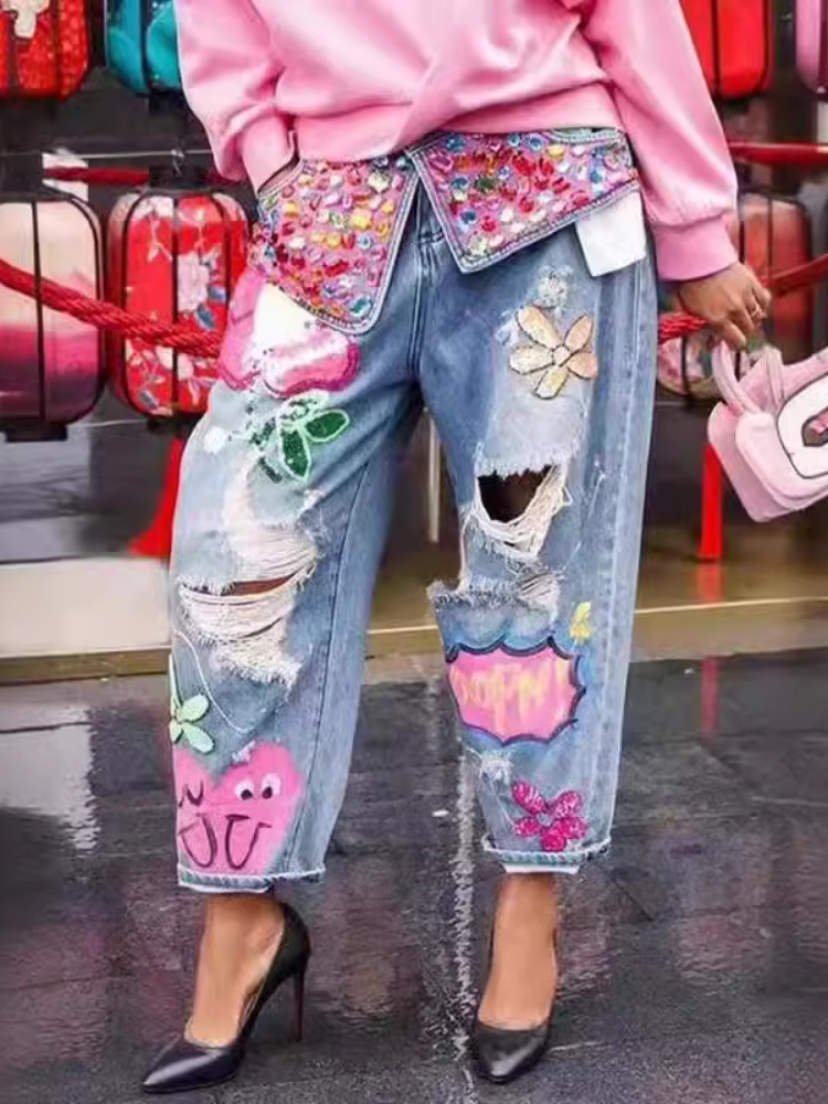Chic Frauen Frühling Blumen St – Embroidery Jeans Sakura Bewertung und Preis