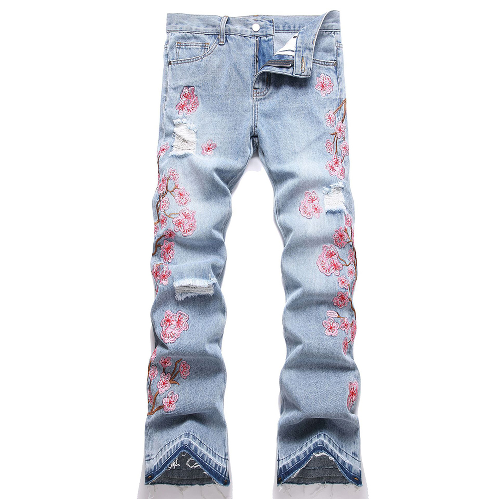 Männer Blumen Stickerei Denim  – Embroidery Jeans Sakura Bewertung und Preis